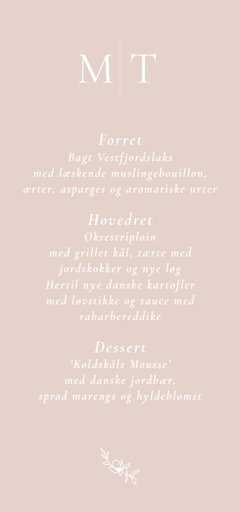 
                Sødeste menukort i en smuk rosa farve. Dette menukort er virkelig elegant og perfekt til et romantisk bryllup. Brug bagsiden af invitationen til de mere praktiske oplysninger. Til designet kommer også matchende elementer i form af velkomstskilt, salmehæfte, bordoversigt, menukort, bordkort, drinkskort, takkekort mm. således I kan skabe en rød tråd for dagen.                